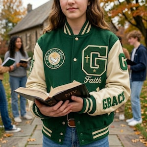 May include: A green and cream letterman jacket with the words "Bible Study Group" and "Faith" embroidered on it. The jacket has a large "G" on the front and "Grace" on the sleeve. The person is holding an open book.