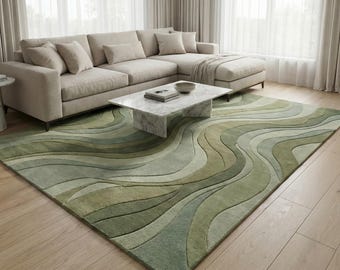 Hand-Tufted Organic Wool Rug | Modern Green Wave Design