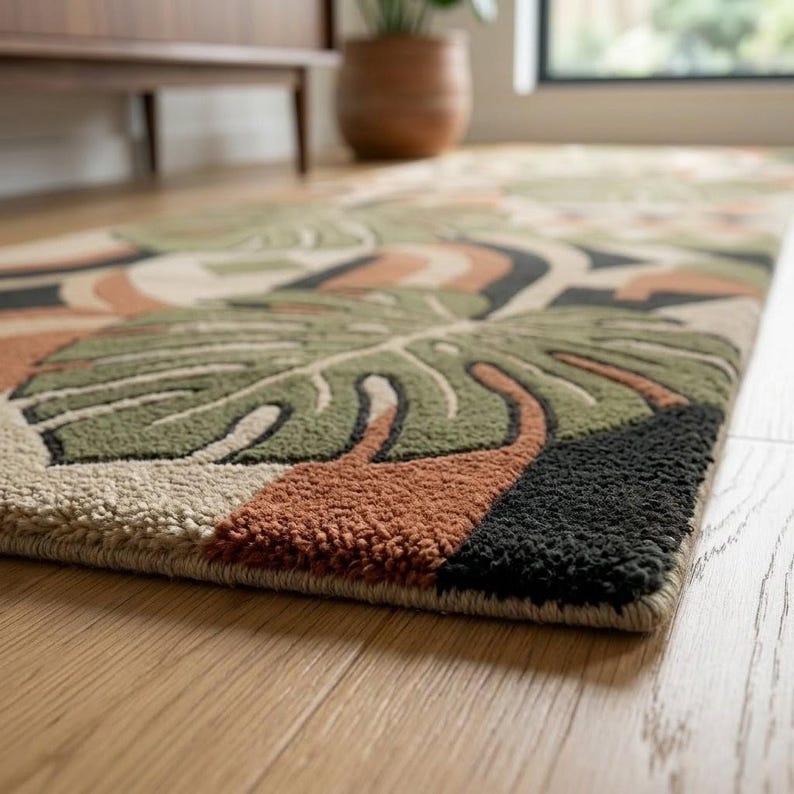 Monstera Leaf Geometric Runner Rug, Mid Century Wool Hallway Rug - Etsy UK