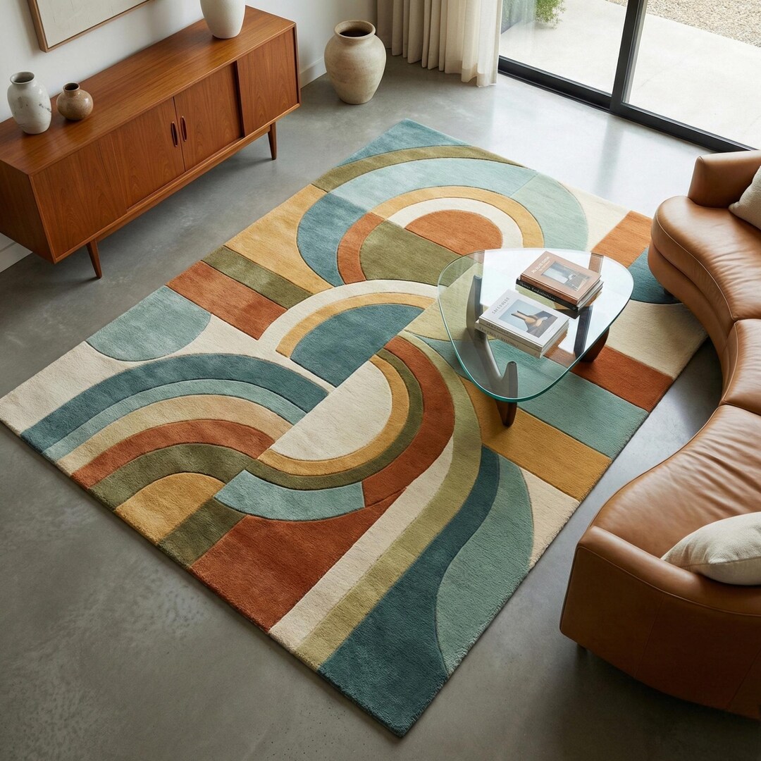 Mid Century Modern Abstract Rug | Hand Tufted Wool Area Carpet - Etsy