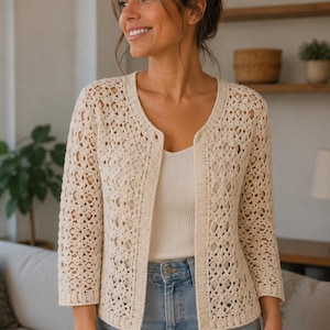May include: A cream-colored, open-front cardigan featuring a delicate, intricate crochet pattern with diamond-shaped cutouts, three-quarter length sleeves, and a ribbed trim along the neckline and front edges, worn over a simple white top.