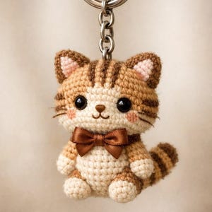 May include: Crocheted cat keychain with a brown bow tie. The cat has brown and tan stripes, pink inner ears, and black eyes. The keychain is attached to a silver metal ring and chain.