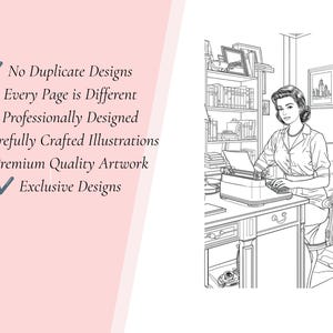 Puede incluir: Una p&aacute;gina de libro para colorear en blanco y negro con una ilustraci&oacute;n de l&iacute;neas de una persona sentada en un escritorio usando una m&aacute;quina de escribir. El texto dice: No Duplicate Designs, Every Page is Different, Professionally Designed, Carefully Crafted Illustrations, Premium Quality Artwork, Exclusive Designs.