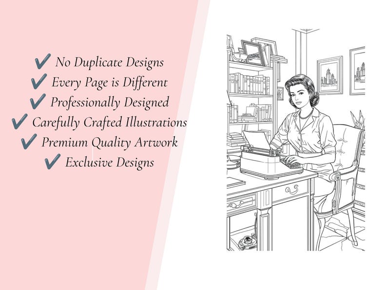 Puede incluir: Una p&aacute;gina de libro para colorear en blanco y negro con una ilustraci&oacute;n de l&iacute;neas de una persona sentada en un escritorio usando una m&aacute;quina de escribir. El texto dice: No Duplicate Designs, Every Page is Different, Professionally Designed, Carefully Crafted Illustrations, Premium Quality Artwork, Exclusive Designs.