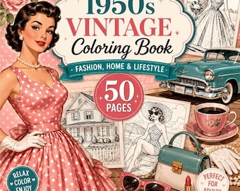 Libro para colorear vintage de los años 50 / Páginas de moda, hogar y estilo de vida retro (descarga digital)