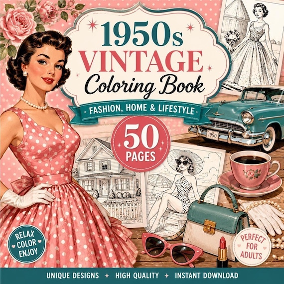 1950s Vintage Coloring Book | Retro Fashion, Home, Lifestyle Pages (Digital Download)