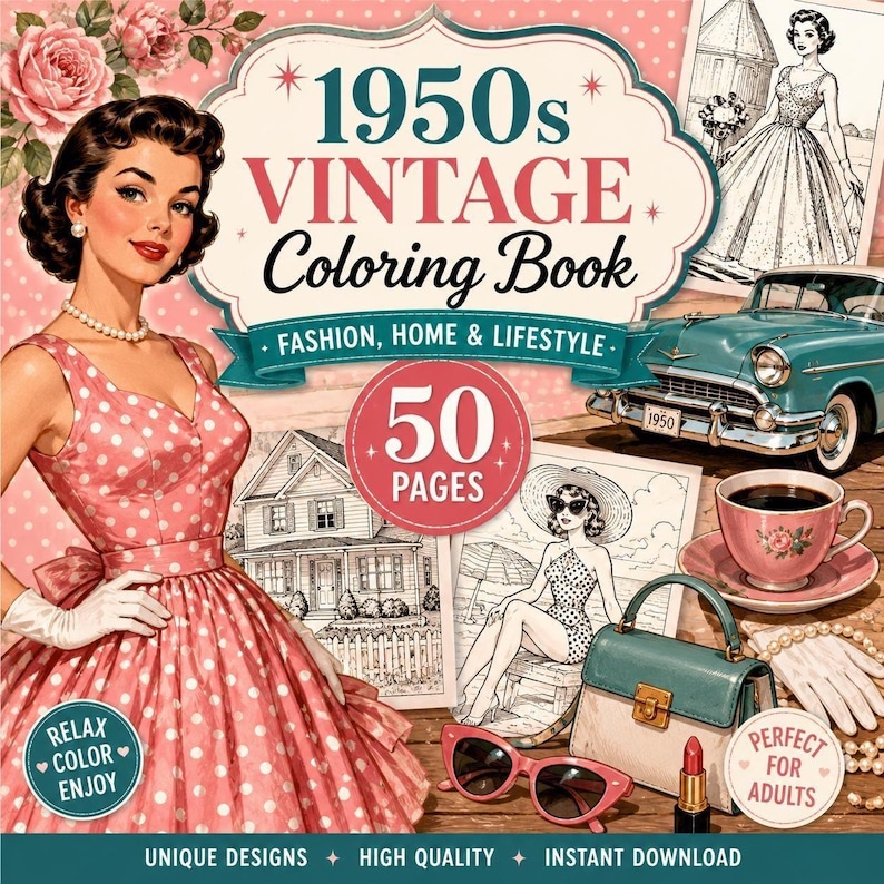 1950s Vintage Coloring Book | Retro Fashion, Home, Lifestyle Pages (Digital Download)