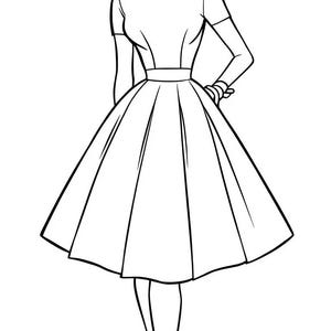 May include: A black and white line art illustration of a dress with a high neckline, short sleeves, and a full, pleated skirt that flares out from the waist. The figure has wavy hair and is wearing simple shoes, presented in a clean, graphic style.