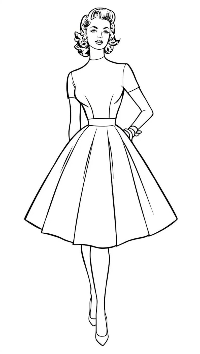 May include: A black and white line art illustration of a dress with a high neckline, short sleeves, and a full, pleated skirt that flares out from the waist. The figure has wavy hair and is wearing simple shoes, presented in a clean, graphic style.