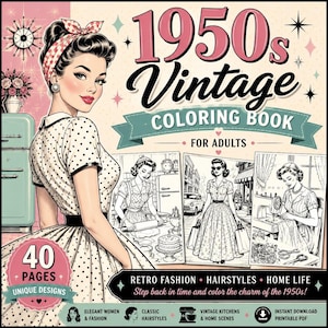 Libro da colorare vintage anni '50 - Pagine da colorare per adulti con tema moda retrò