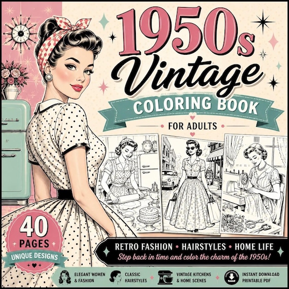 1950s Vintage Coloring Book – Retro Fashion Adult Coloring Pages