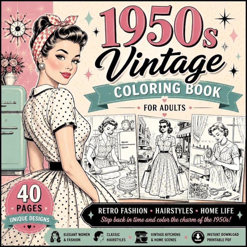 1950s Vintage Coloring Book – Retro Fashion Adult Coloring Pages