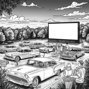 Puede incluir: Una ilustraci&oacute;n en blanco y negro de un autocine con una gran pantalla rectangular vac&iacute;a, varios coches antiguos aparcados en filas y varias personas de pie cerca de los veh&iacute;culos sosteniendo recipientes de palomitas.
