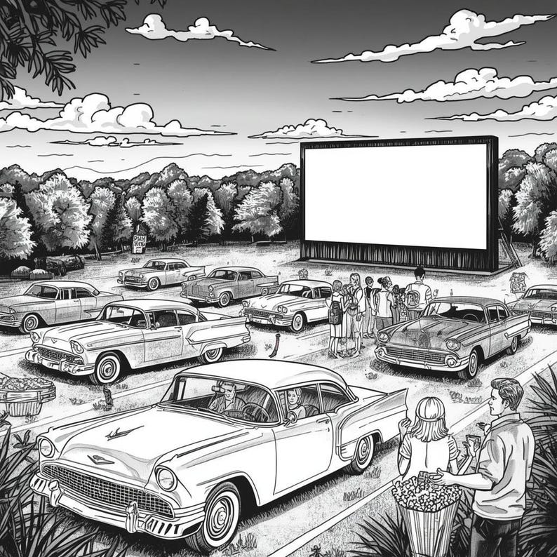 Puede incluir: Una ilustraci&oacute;n en blanco y negro de un autocine con una gran pantalla rectangular vac&iacute;a, varios coches antiguos aparcados en filas y varias personas de pie cerca de los veh&iacute;culos sosteniendo recipientes de palomitas.