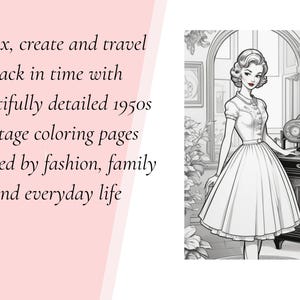Puede incluir: Una p&aacute;gina para colorear en blanco y negro con una persona con peinado de los a&ntilde;os 50, vistiendo un vestido con cuello y falda amplia, junto a un tocadiscos. El texto dice: Relax, create and travel back in time with beautifully detailed 1950s vintage coloring pages inspired by fashion, family and everyday life.
