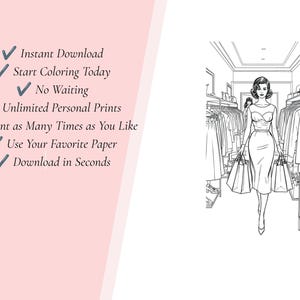 Puede incluir: Una p&aacute;gina para colorear en blanco y negro que muestra a una persona caminando por una tienda de ropa cargando bolsas de compras. El texto dice: Instant Download, Start Coloring Today, No Waiting, Unlimited Personal Prints, Print as Many Times as You Like, Use Your Favorite Paper, Download in Seconds.