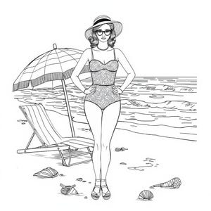 Puede incluir: Una ilustraci&oacute;n de arte lineal en blanco y negro de una persona de pie en una playa con un traje de ba&ntilde;o de una pieza con estampado floral, un sombrero de sol de ala ancha y gafas. Se ven una sombrilla, una tumbona y conchas marinas.
