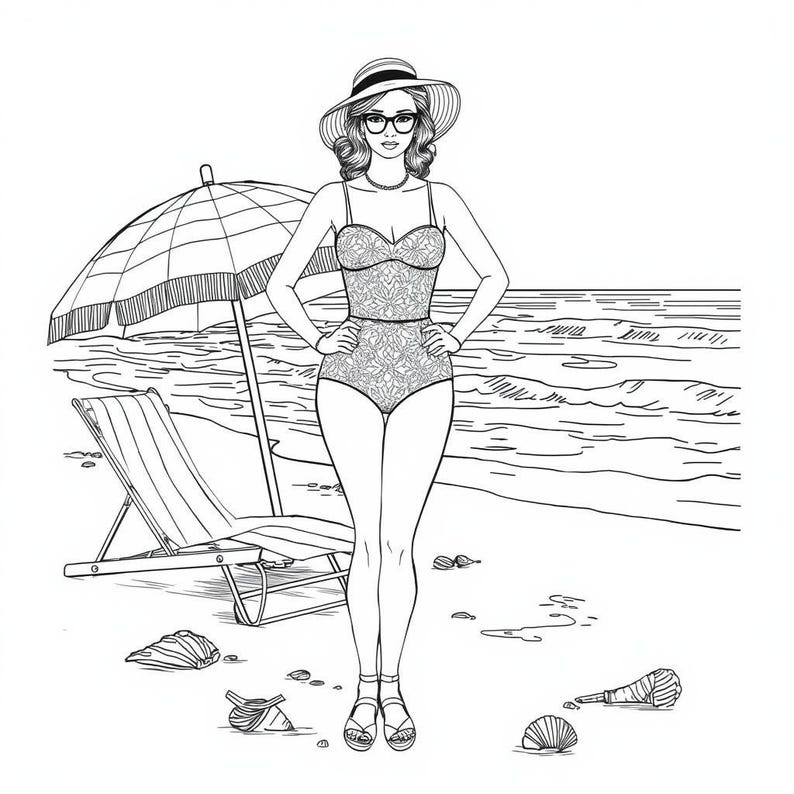 Puede incluir: Una ilustraci&oacute;n de arte lineal en blanco y negro de una persona de pie en una playa con un traje de ba&ntilde;o de una pieza con estampado floral, un sombrero de sol de ala ancha y gafas. Se ven una sombrilla, una tumbona y conchas marinas.