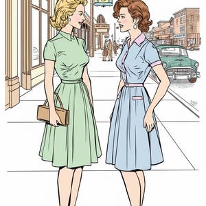 May include: A comic-style illustration of two individuals standing on a pavement. One wears a light green collared dress with a belt and carries a tan handbag. The other wears a light blue collared dress with pink trim and a belt. A sign reads FORERS.