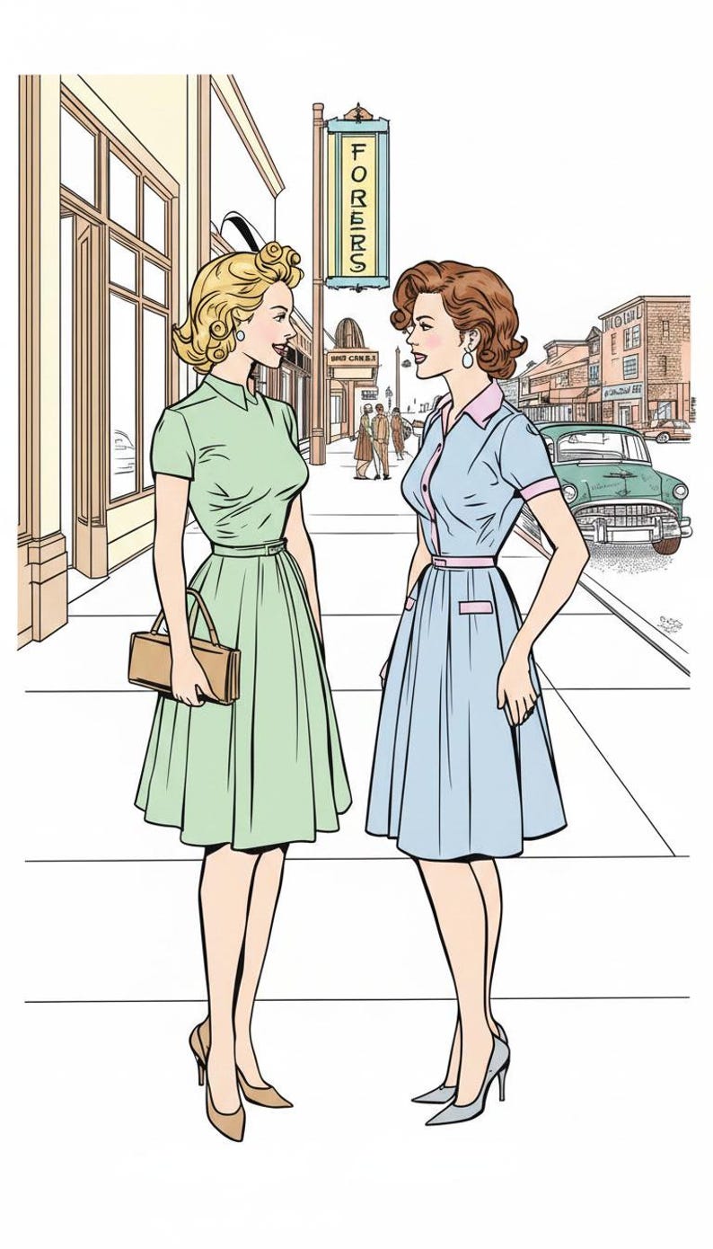 May include: A comic-style illustration of two individuals standing on a pavement. One wears a light green collared dress with a belt and carries a tan handbag. The other wears a light blue collared dress with pink trim and a belt. A sign reads FORERS.