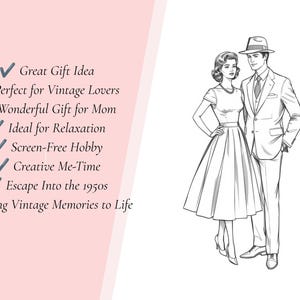 Puede incluir: Un dibujo de l&iacute;neas en blanco y negro de una pareja con vestimenta de los a&ntilde;os 50, que muestra a una mujer con un vestido de falda amplia y un hombre con traje y sombrero fedora. El texto incluye: Great Gift Idea, Perfect for Vintage Lovers, Wonderful Gift for Mom, Ideal for Relaxation, Screen-Free Hobby, Creative Me-Time, Escape Into the 1950s, Bring Vintage Memories to Life.