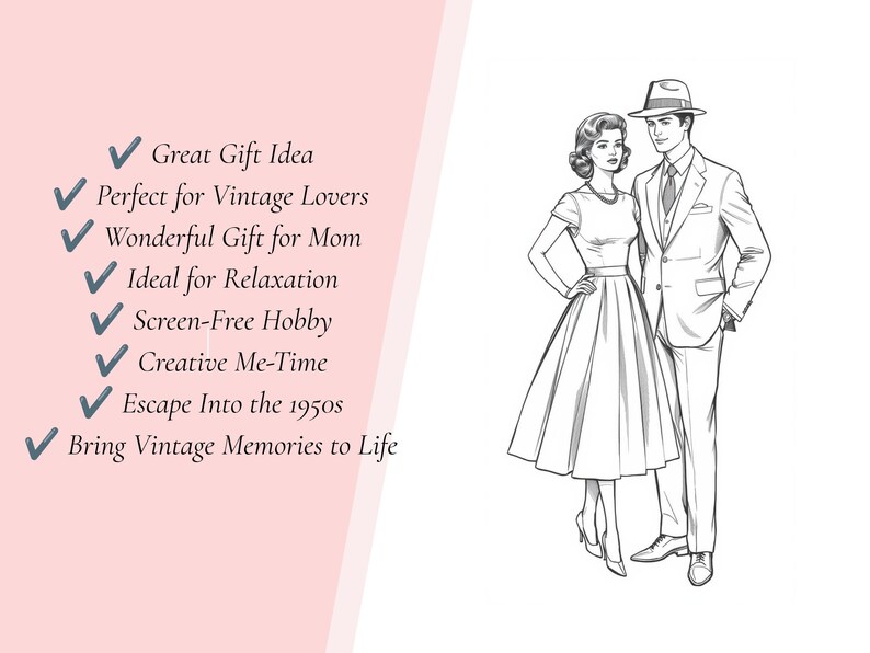 Puede incluir: Un dibujo de l&iacute;neas en blanco y negro de una pareja con vestimenta de los a&ntilde;os 50, que muestra a una mujer con un vestido de falda amplia y un hombre con traje y sombrero fedora. El texto incluye: Great Gift Idea, Perfect for Vintage Lovers, Wonderful Gift for Mom, Ideal for Relaxation, Screen-Free Hobby, Creative Me-Time, Escape Into the 1950s, Bring Vintage Memories to Life.
