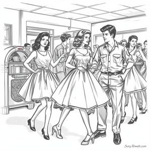 Puede incluir: Una ilustraci&oacute;n de arte lineal en blanco y negro que representa a un grupo de personas en una habitaci&oacute;n con una gramola. Dos personas llevan vestidos de falda amplia y manga corta, mientras que otra lleva una camisa y pantalones. Aparece el texto Sury Roweb.com.
