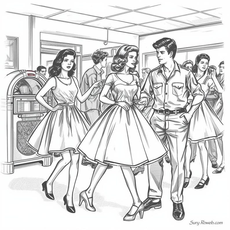 Puede incluir: Una ilustraci&oacute;n de arte lineal en blanco y negro que representa a un grupo de personas en una habitaci&oacute;n con una gramola. Dos personas llevan vestidos de falda amplia y manga corta, mientras que otra lleva una camisa y pantalones. Aparece el texto Sury Roweb.com.