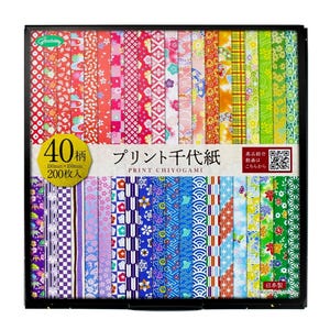 May include: A box set of Print Chiyogami paper with 40 different patterns. Each sheet measures 5.9 inches by 5.9 inches. The paper features a variety of colorful Japanese designs, including floral, geometric, and wave patterns.