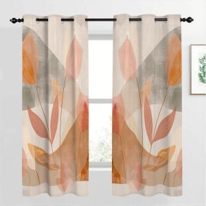 May include: A pair of beige floral print curtains with a rod. The curtains feature an abstract design of orange, peach, and brown flowers and leaves against a neutral background. The curtains are hung on a black rod.