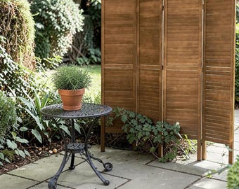 Brown Louvered Wood Room Divider 4 Panel | Folding Privacy Screen | Rustic Farmhouse Divider