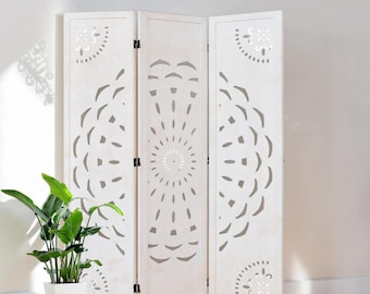White Boho Room Divider 3 Panel Folding Privacy Screen 67” Wooden Partition Yoga Backdrop Headboard Home Office