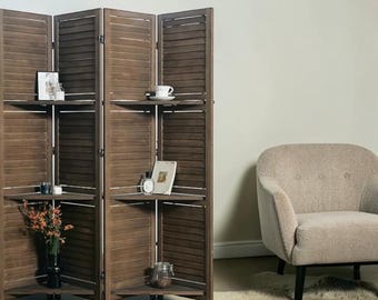 Dark Brown Wood Room Divider, Shelves 4 Panel Folding Privacy Screen Freestanding Partition for Home Office Bedroom Decor