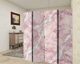 Pink Marble Room Divider, 4 Panels Folding, Privacy Screen Canvas Wood Frame, Elegant Feminine Partition Wall Bedroom Living Room Decor
