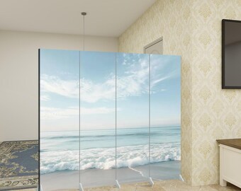 Ocean View Room Divider, 4 Panel Folding Screen, Coastal Privacy Divider Beach, House Sea Decor