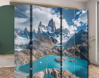 Mountain Lake Sunrise Scenic Room Divider, Folding Screen 5 Panel, Artistic Privacy Screen Home Decor