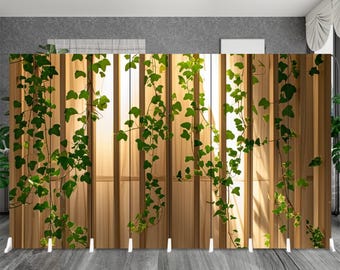 8 Panel Green Ivy Wood Room Divider Folding Privacy Screen Extra Wide Farmhouse Boho Wall Divider Bedroom Living Room