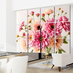 May include: A multi-panel wall art piece featuring a vibrant floral arrangement. The artwork showcases a bouquet of pink, peach, and white flowers, including dahlias and gerberas. The flowers are arranged in a vase, set against a neutral background, creating a decorative accent.