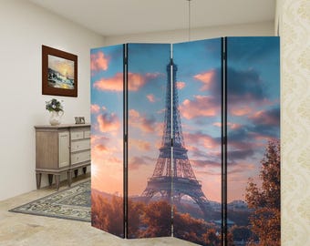 Paris Eiffel Tower Room Divider, 4 Panel Folding Privacy Screen, French Decor Romantic Wall Divider Bedroom Living Room