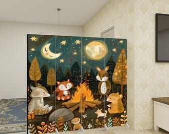 Forest Campfire Animals Room Divider 4 Panel Folding Screen Cartoon Style Nature Nursery Decor Kids Room Screen