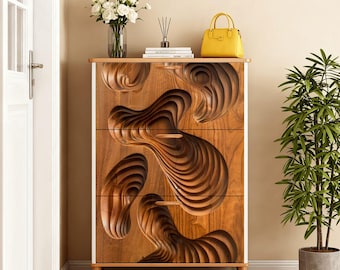 Carved Wood Shoe Cabinet Entryway Storage, Luxury Wooden Shoe Rack Organizer, Elegant Rustic Shoe Storage Furniture