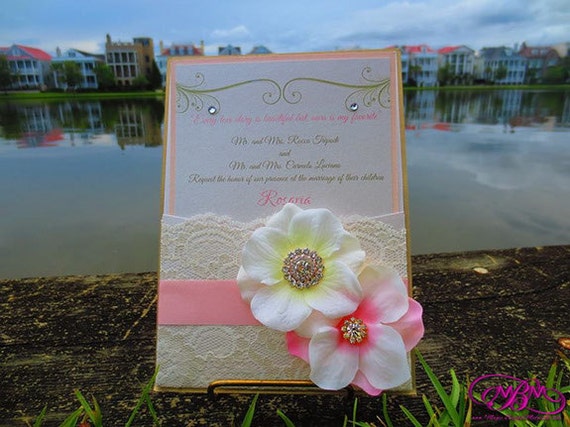 Flower, Brooch & Lace Pocket Wedding Invitation - Blush and Gold Flower, Brooch & Lace Pocket Wedding Invitation - Blush and Gold