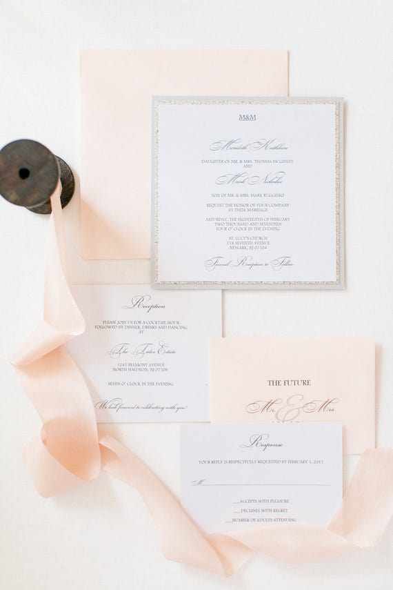 Glitter Wedding Invitation - Blush and Silver Glitter Wedding Invitation - Blush and Silver