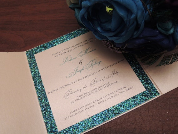 Glitter Wedding Invitation - Sparkle Wedding Invitation, Peacock / Teal Glitter Wedding Invitation - Sparkle Wedding Invitation, Peacock / Teal
