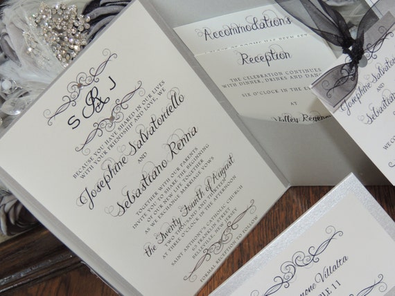 Silver Pocket Invitation - Monogram Wedding Invitation - Swirl Set Silver Pocket Invitation - Monogram Wedding Invitation - Swirl Set
