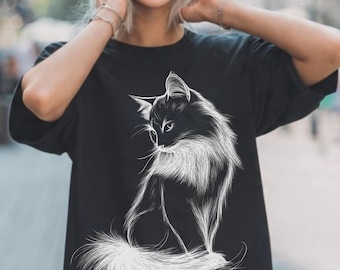 Camiseta negra con diseño de gato angora turco y gatito esponjoso