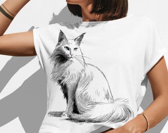 Camiseta con el contorno de un gato turco Van esponjoso / Camiseta minimalista oscura con diferentes colores de ojos de gato
