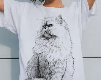Stylish Fluffy Persian Cat T-Shirt | Delicate Cat Art Tee Shirt