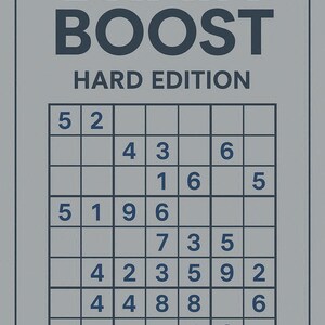 May include: A gray-blue puzzle book titled "BRAIN BOOST HARD EDITION." The cover features a Sudoku grid with numbers. The text is in a dark blue color, and the overall design is simple and clean.