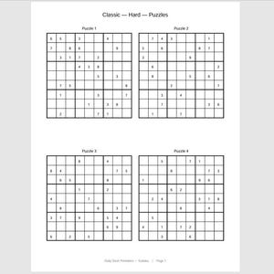 May include: A white page featuring four Sudoku puzzles labeled "Puzzle 1" through "Puzzle 4." The puzzles are black and white grids with numbers. The text "Classic - Hard - Puzzles" is at the top. The bottom of the page reads "Daily Dash Printables - Sudoku - Page 1."